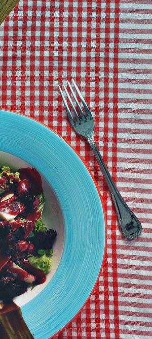 Fork on a red and white checkered tablecloth next to a plate of salad