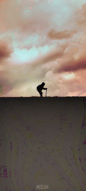 Silhouette of a person with a cane on a hill