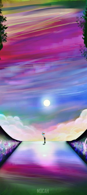 Person holding a balloon under a colorful sky