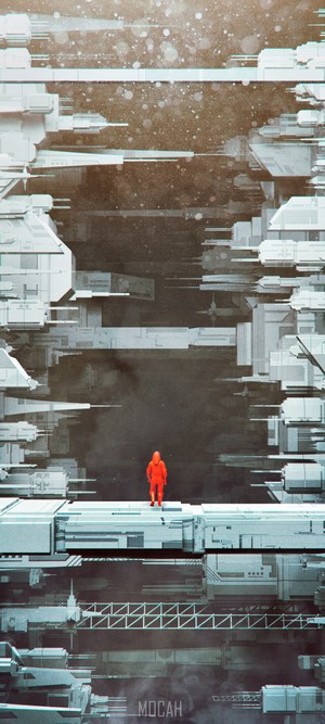 Man in orange suit in futuristic city