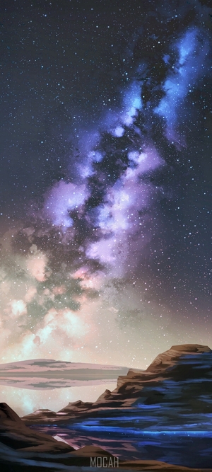 Galaxy and rocky landscape with water