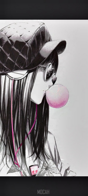 Anime girl with headphones and bubblegum