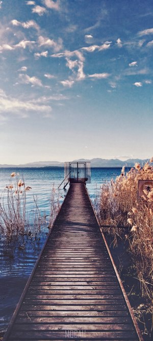 Wooden pier with reeds on a lake