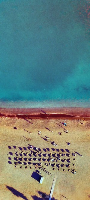 Aerial view of a beach with umbrellas and people