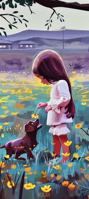 Girl and Dog in Spring Wildflower Field