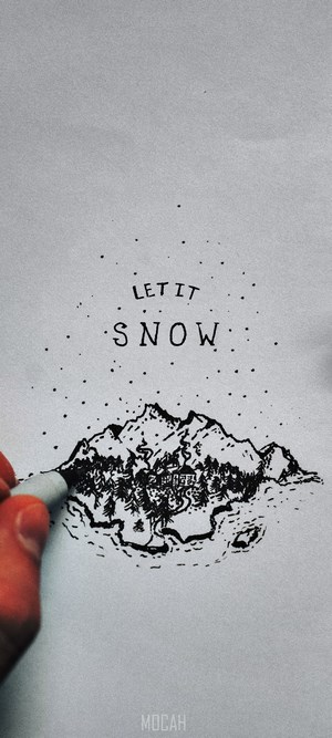 Hand drawing "Let it Snow" with mountains and trees