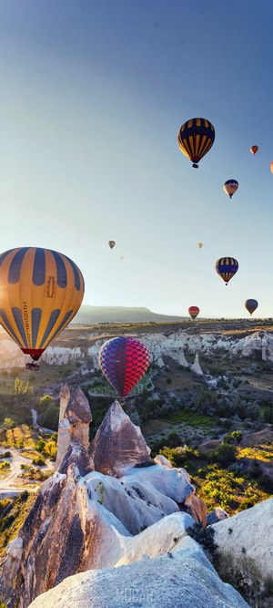 Hot air balloons over Cappadocia landscape