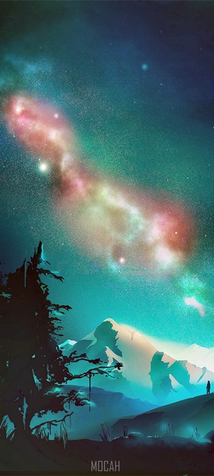 Galaxy over mountains with a lone figure