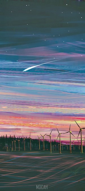 Wind turbines at dusk with a shooting star