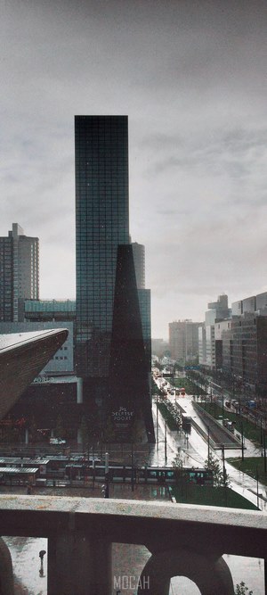Business district in Rotterdam on a rainy day