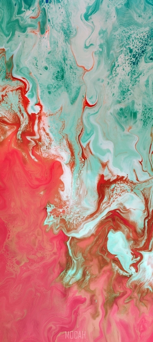 Abstract painting with pink, green, and orange colors