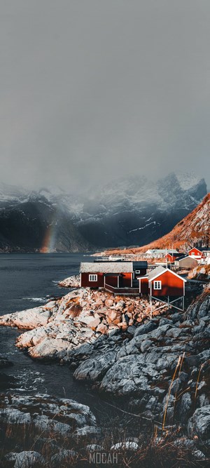 Red cabins on a rocky coast with mountains and a rainbow