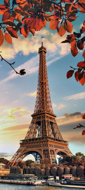Eiffel Tower with Autumn Leaves and River