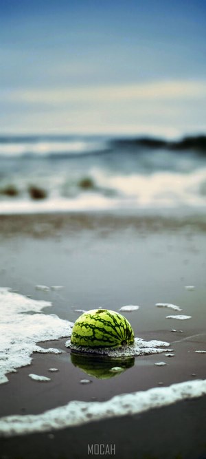Watermelon on a sandy beach with ocean waves