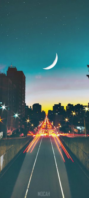 Cityscape at Dusk with Crescent Moon and Light Trails