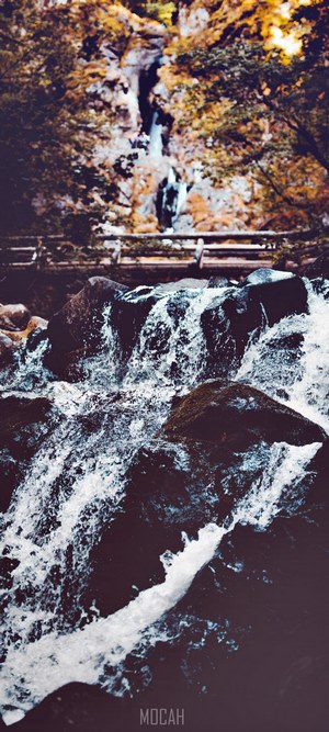 Waterfall cascading over rocks with trees