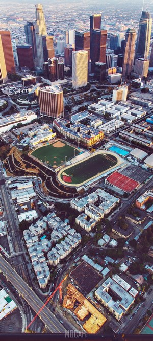 Aerial view of Downtown Los Angeles skyscrapers and sports fields