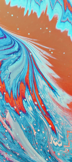 Abstract fluid art with orange, blue, and white colors