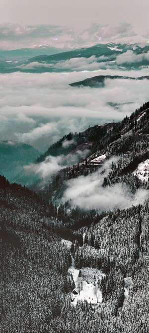 Snowy mountains with clouds and forest