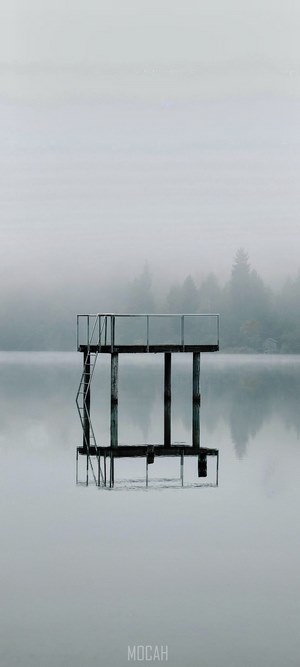 Foggy lake with a diving platform