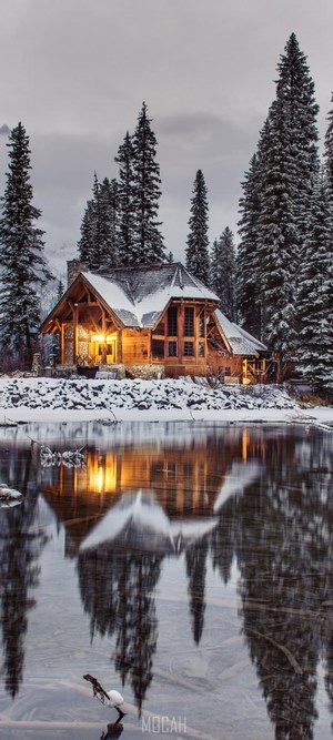 Wooden cabin by a lake in winter