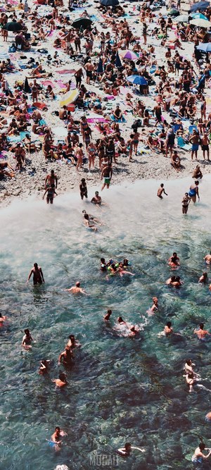 Crowded Beach and Ocean with People Swimming