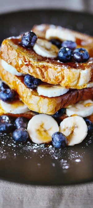 Stack of French Toast with Bananas and Blueberries