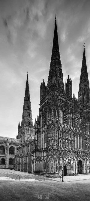 Lichfield Cathedral spires in black and white