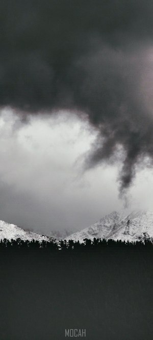 Dark clouds over snow-capped mountains and treeline