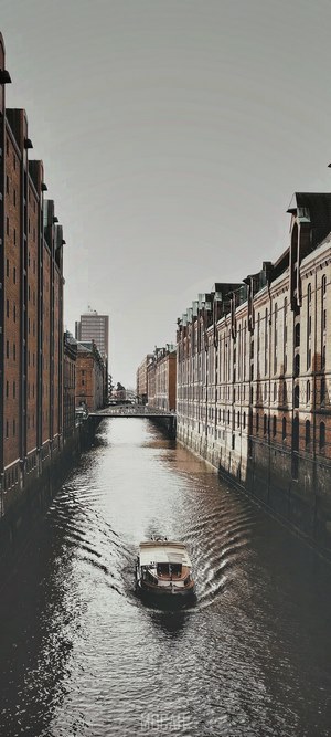 Boat on a canal in Hafencity, Hamburg
