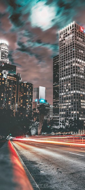Cityscape with light trails at night