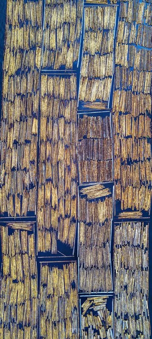 Aerial view of bamboo rafts on a river