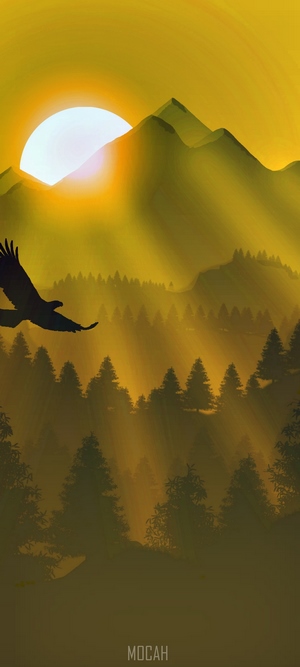 Eagle flying over misty mountains at sunrise