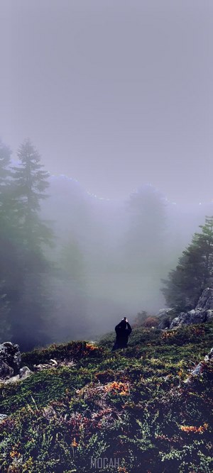 Person in black standing on a foggy mountain