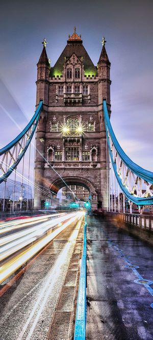 Tower Bridge at night with light trails
