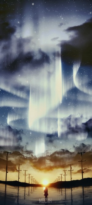 Aurora Borealis over a sunset landscape with a lone figure