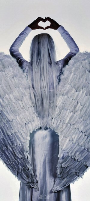 Woman with angel wings making a heart shape