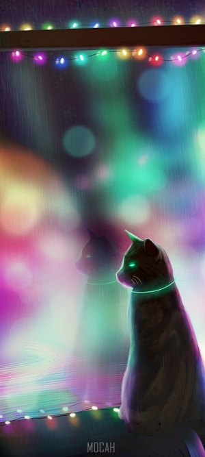 Cat with glowing eyes and collar in the rain