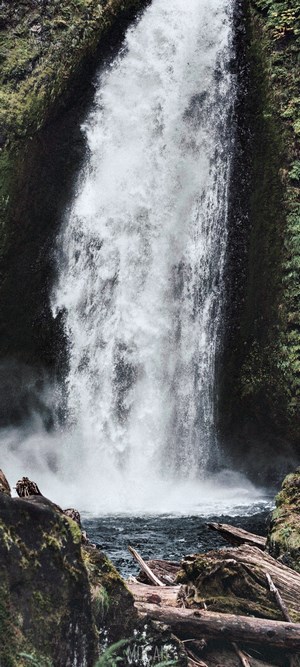 Waterfall cascading into a pool with logs