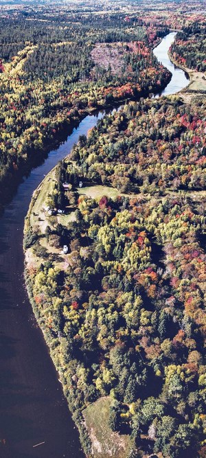 Aerial view of a river winding through autumn forest with houses