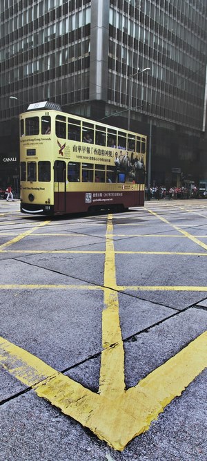 Hong Kong Tram with Yellow Road Markings