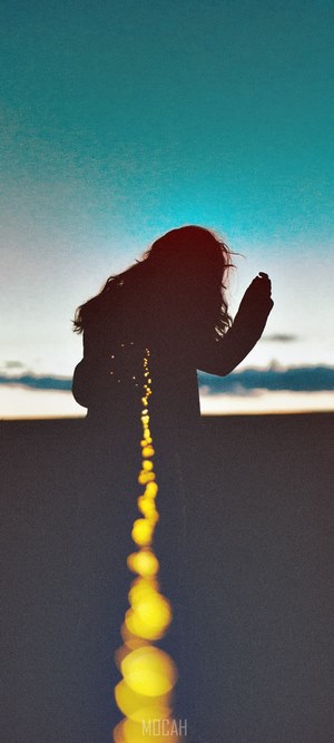 Silhouette of a woman with fairy lights at dusk