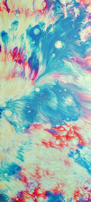 Abstract fluid art painting with blue, red, and yellow.