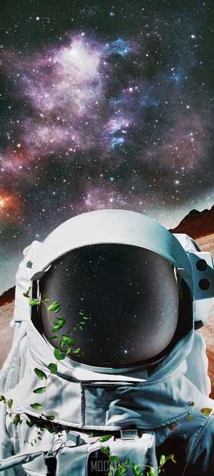 Astronaut in space with plants growing on suit