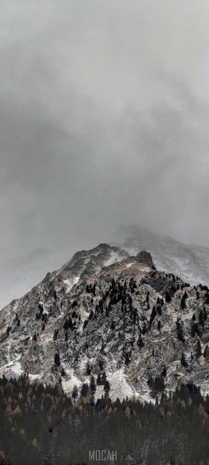 Mountain peak with snow and mist