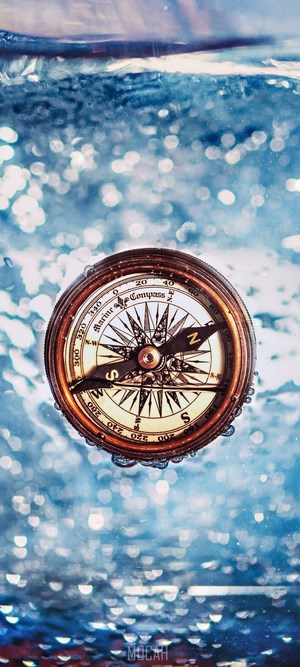 Compass submerged in water with bokeh effect
