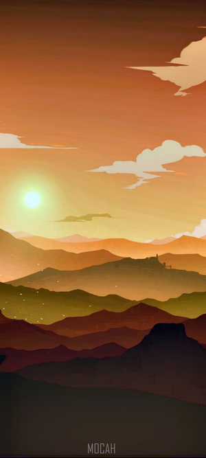 Orange sunset over layered mountains with a castle