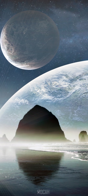 Two planets over a rocky coastline with reflections