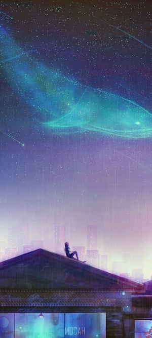 Person sitting on a rooftop under a starry sky