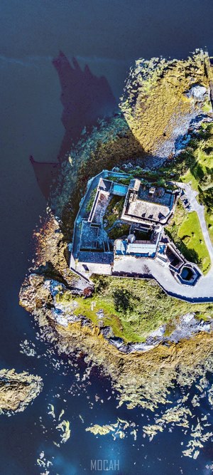 Aerial view of a stone fort on a rocky island